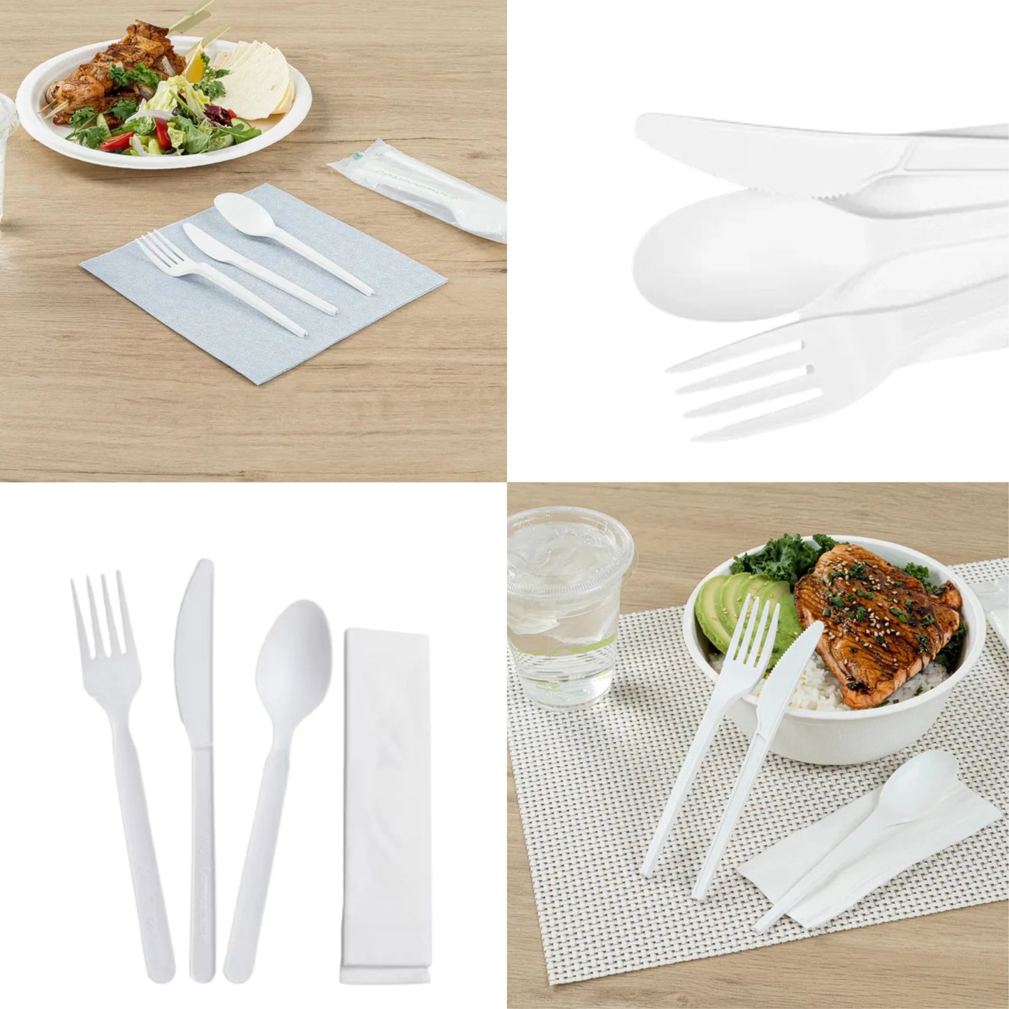 Collage of white plastic cutlery on a table with food and placemats.