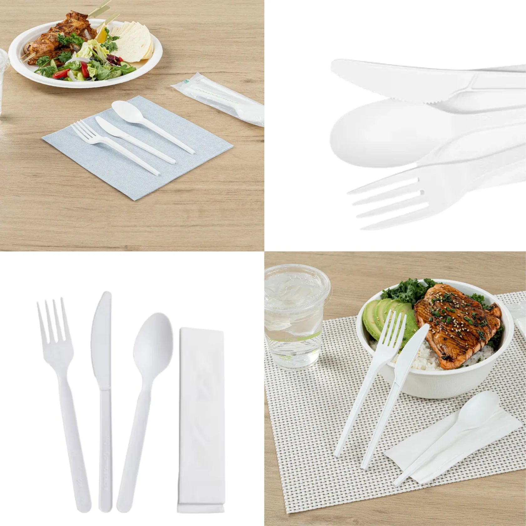 Collage of white plastic cutlery on a table with food and placemats.