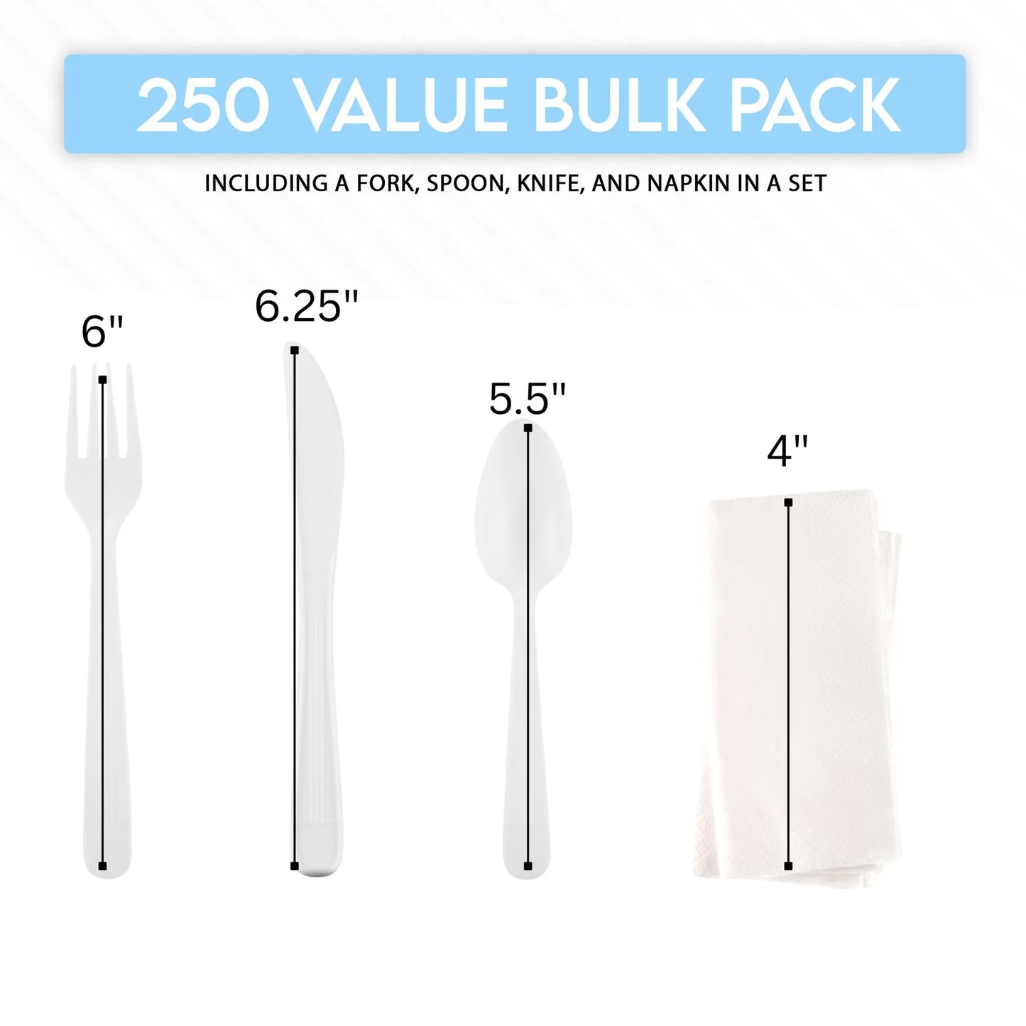 Measurement chart for disposable cutlery and napkins with dimensions and text about a value bulk pack.