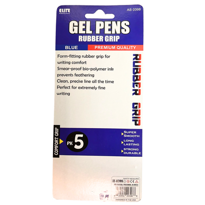 99¢ Elite Series –Gel Pens with Rubber Grips-Blue:5CT