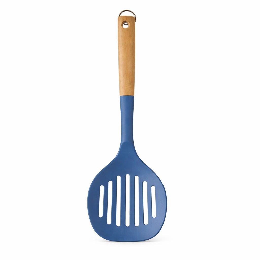 12.6" x 4.3" Ideal Kitchen Silicone w/ Wood Handle Skimmer Blue Slotted Skimmer Utensils main product image