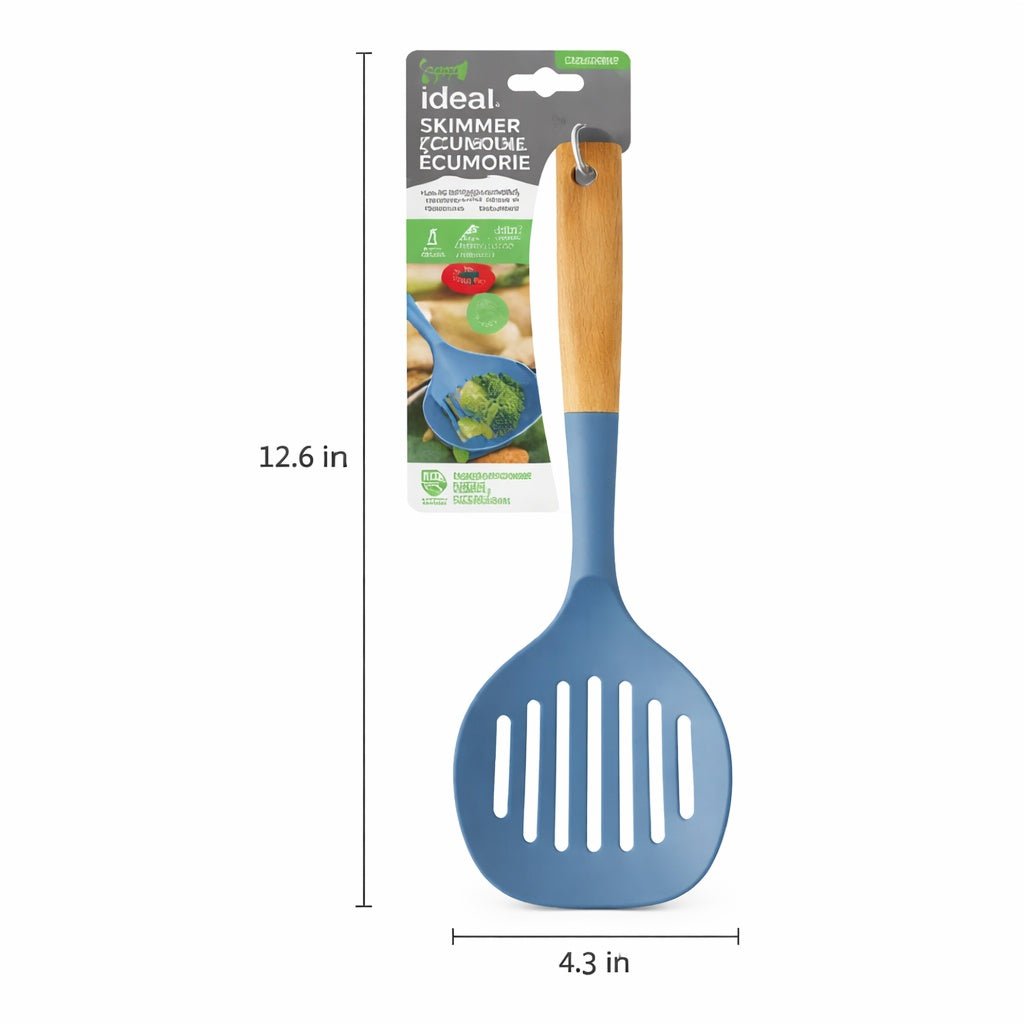 Blue slotted spoon with wooden handle and packaging on a white background