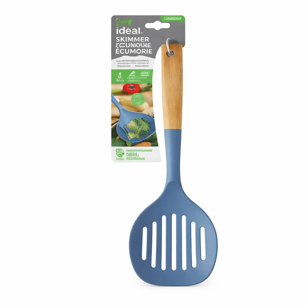 Blue skimmer with wooden handle on a white background, featuring Ideal brand packaging.