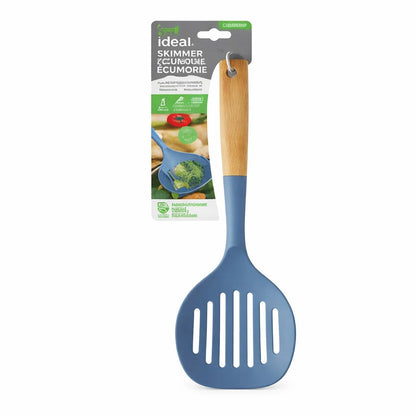 Blue skimmer with wooden handle on a white background, featuring Ideal brand packaging.