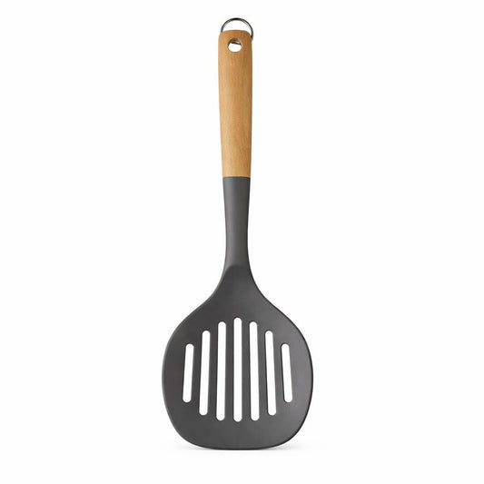 Gray slotted spoon with a wooden handle on a white background