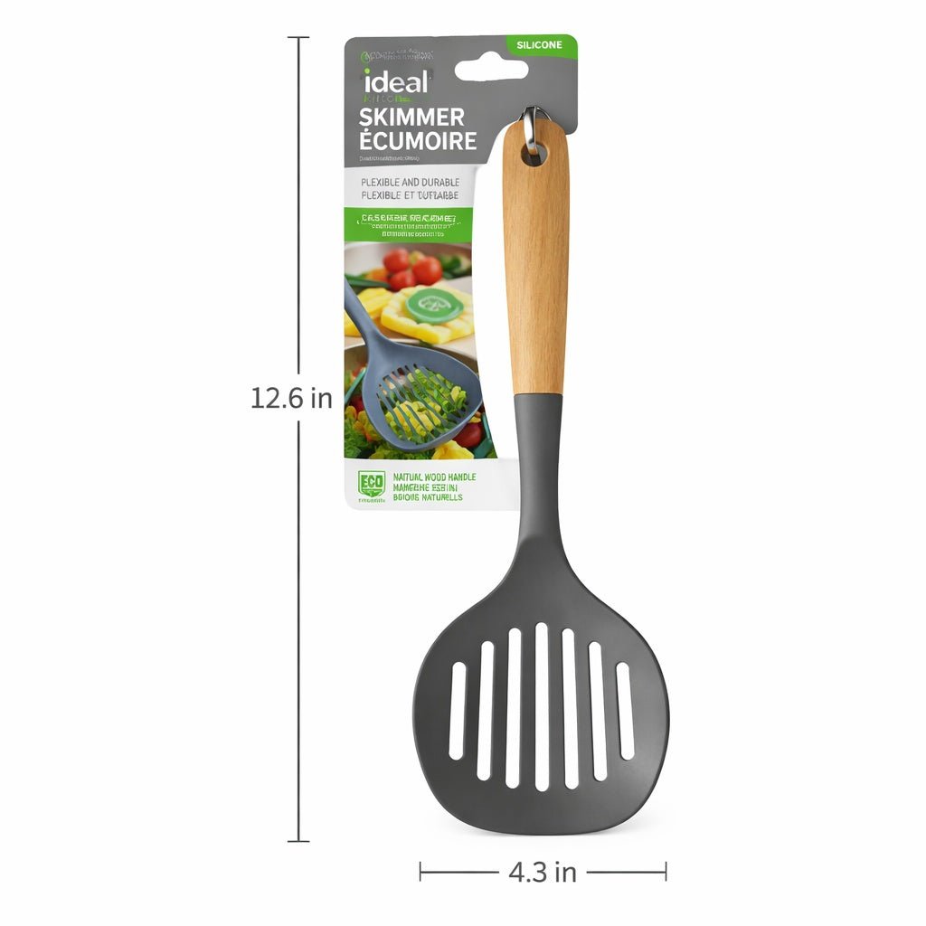 12.6" x 4.3" Ideal Kitchen Silicone w/ Wood Handle Skimmer Gray Slotted Skimmer Utensils product detail image
