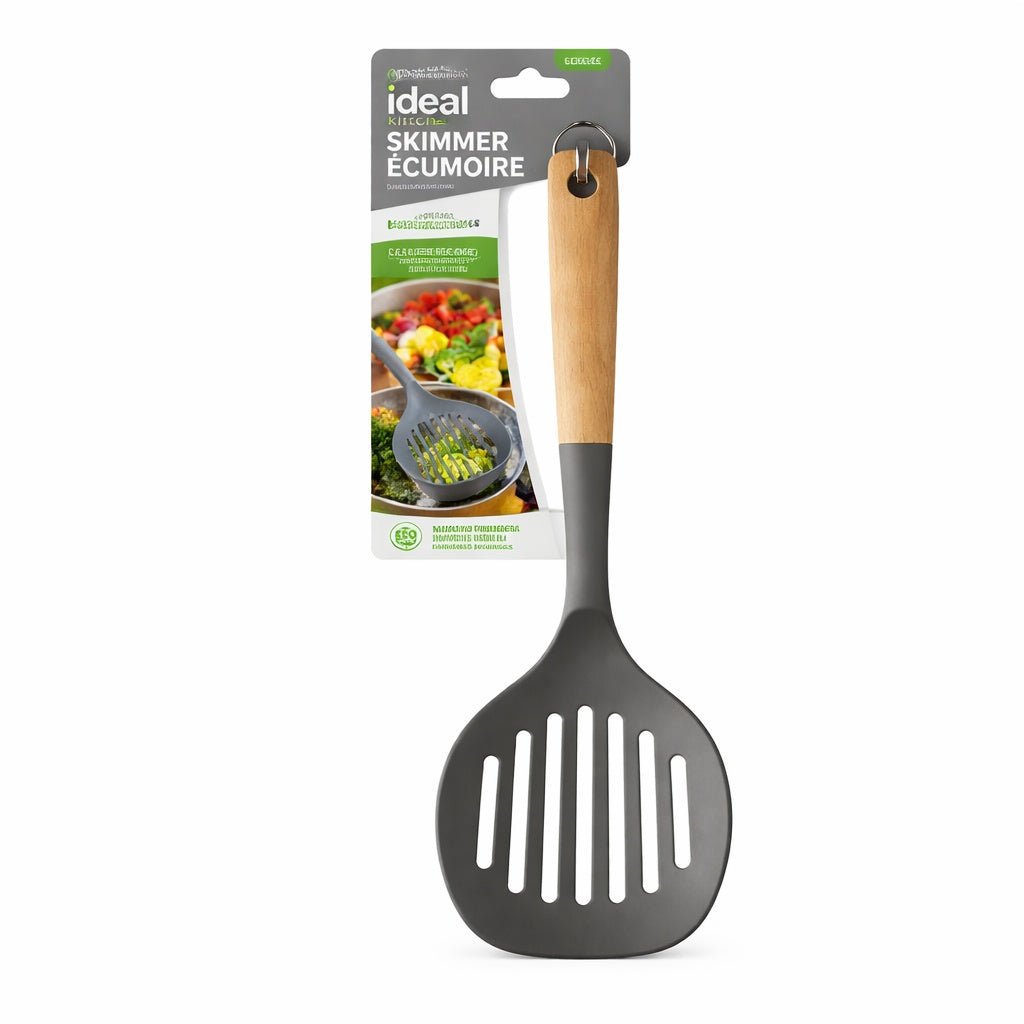 12.6" x 4.3" Ideal Kitchen Silicone w/ Wood Handle Skimmer Gray Slotted Skimmer Utensils size and feature image
