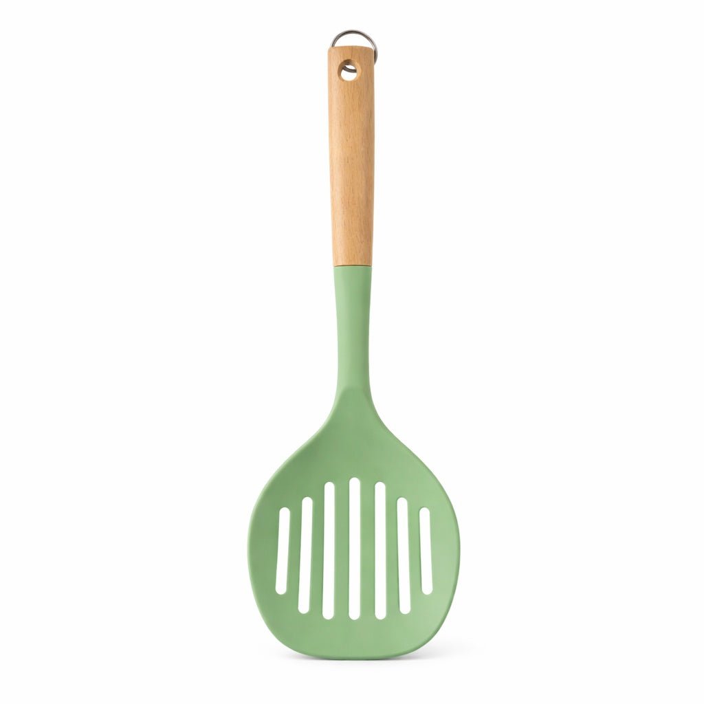12.6" x 4.3" Ideal Kitchen Silicone w/ Wood Handle Skimmer Green Slotted Skimmer Utensils main product image