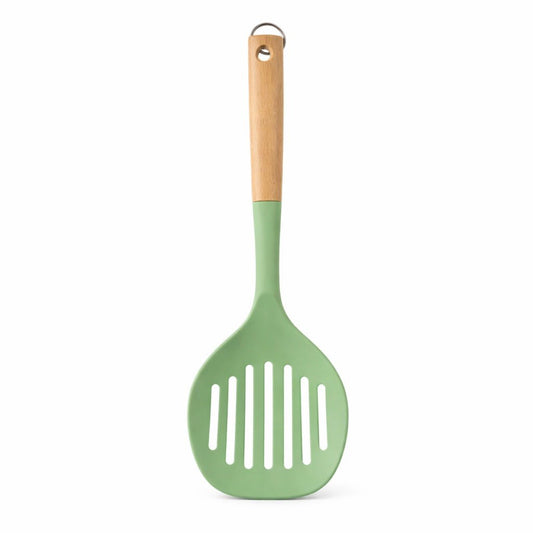 Green slotted spatula with a wooden handle on a white background