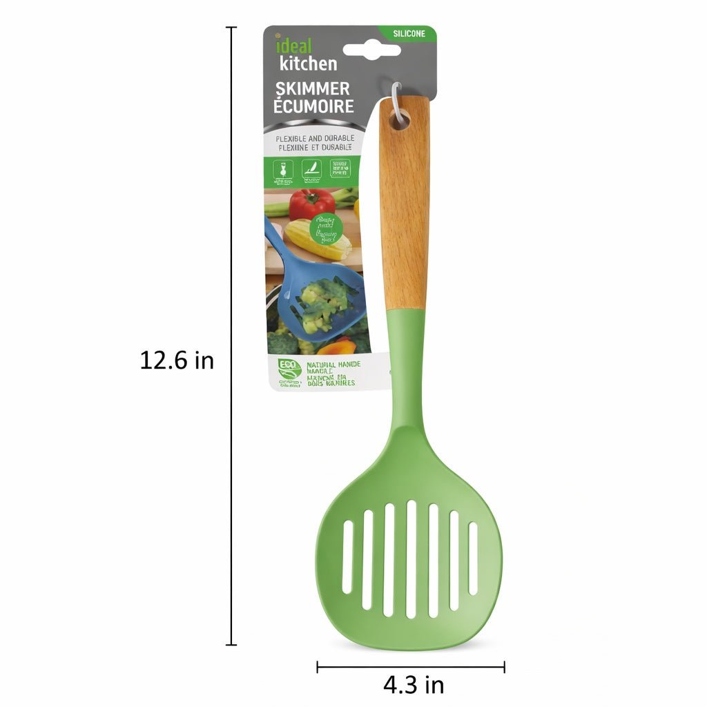 12.6" x 4.3" Ideal Kitchen Silicone w/ Wood Handle Skimmer Green Slotted Skimmer Utensils product detail image