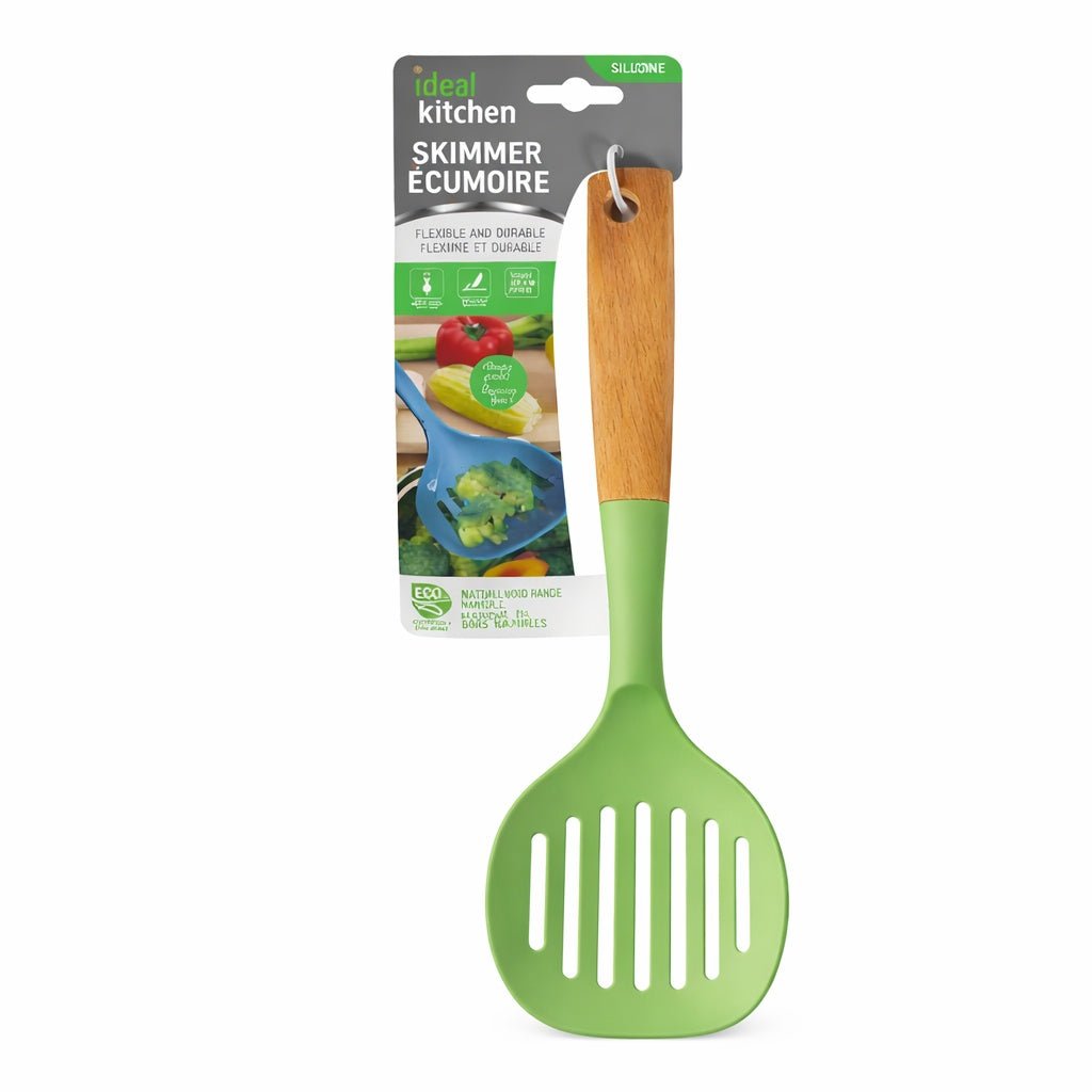 12.6" x 4.3" Ideal Kitchen Silicone w/ Wood Handle Skimmer Green Slotted Skimmer Utensils size and feature image