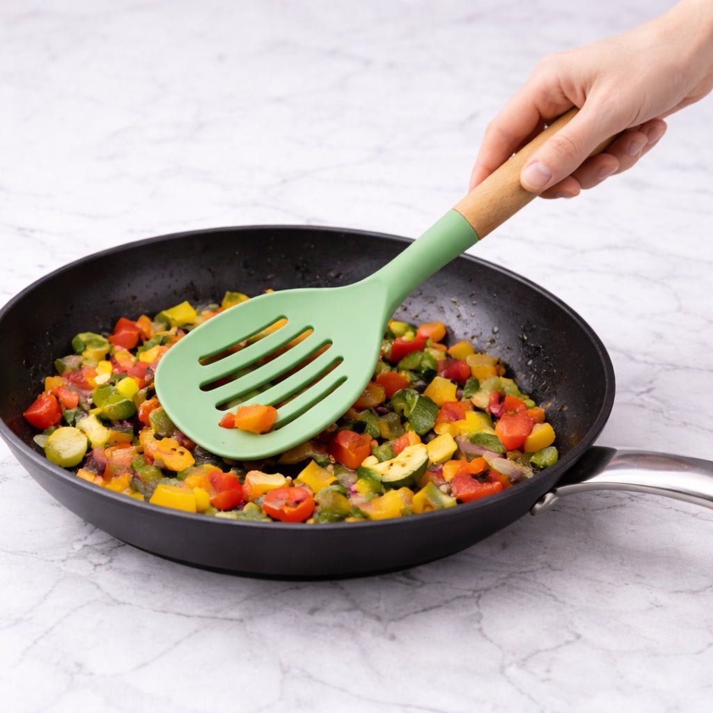12.6" x 4.3" Ideal Kitchen Silicone w/ Wood Handle Skimmer Green Slotted Skimmer Utensils lifestyle use image