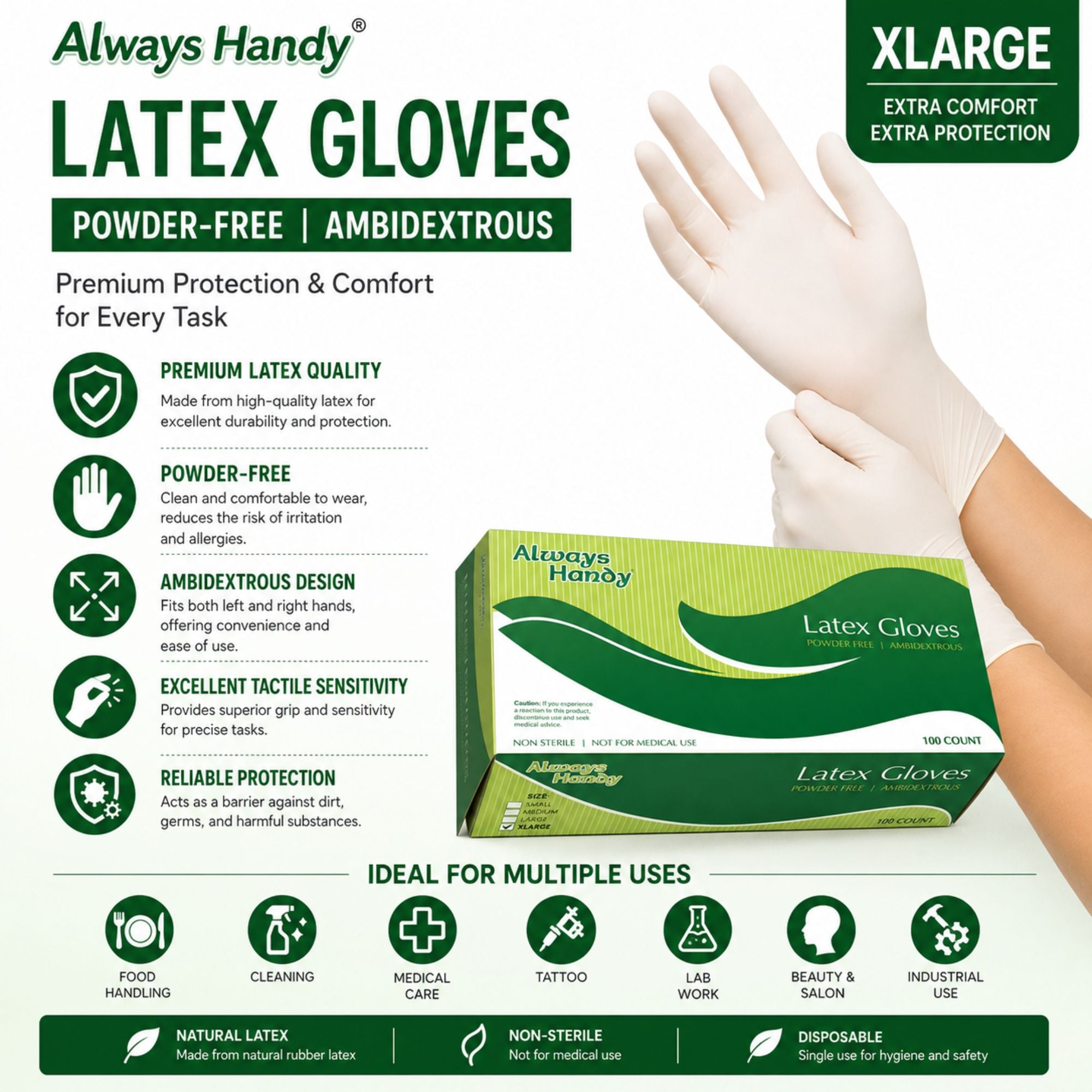 A hand wearing a translucent latex glove on a white background, next to a box of Always Handy XLARGE powder-free ambidextrous latex gloves. The graphic includes feature icons and text highlighting premium latex quality, powder-free design, and suitability for multiple uses.