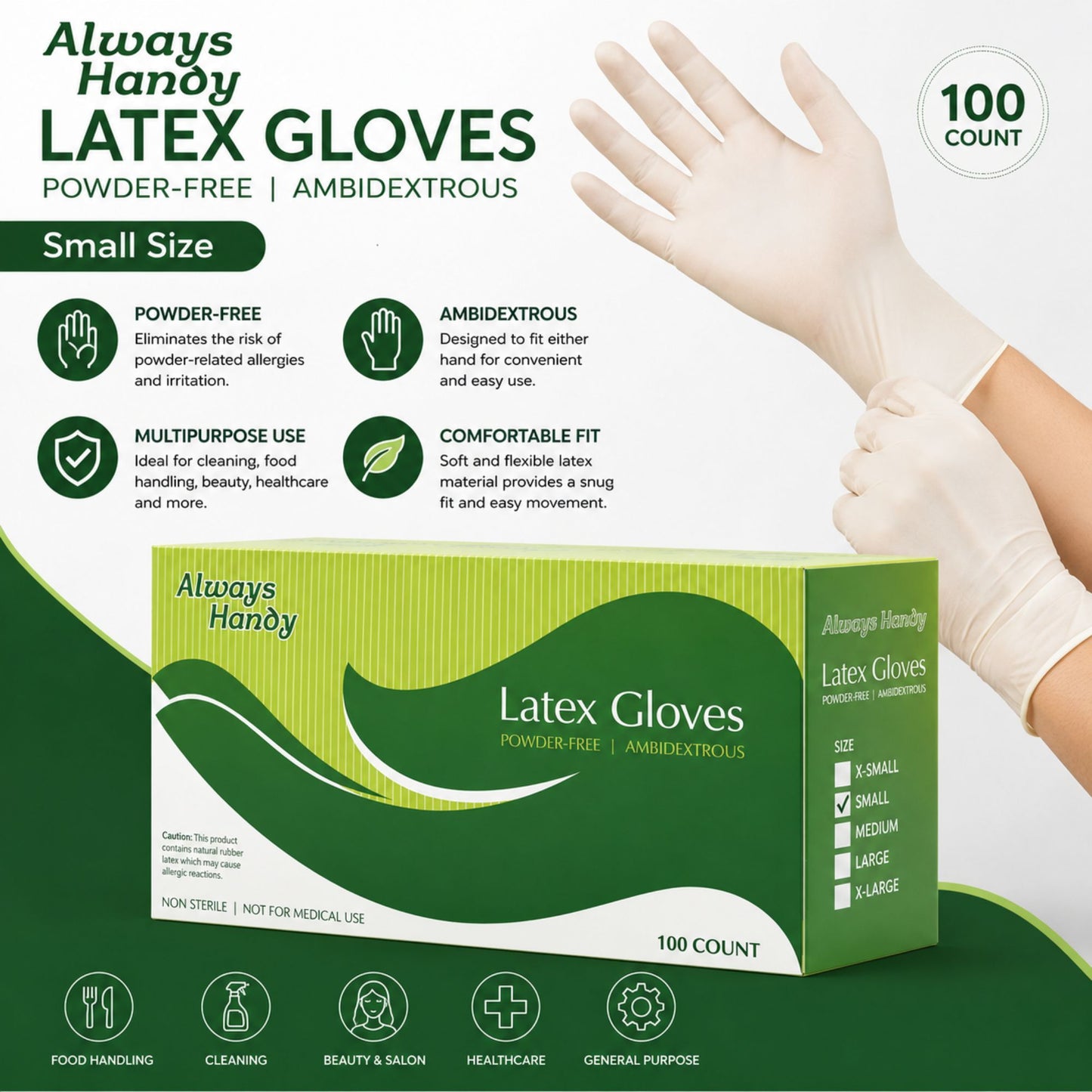 Small Always Handy Latex Disposable Gloves, Powder Free Ambidextrous Gloves for General Use