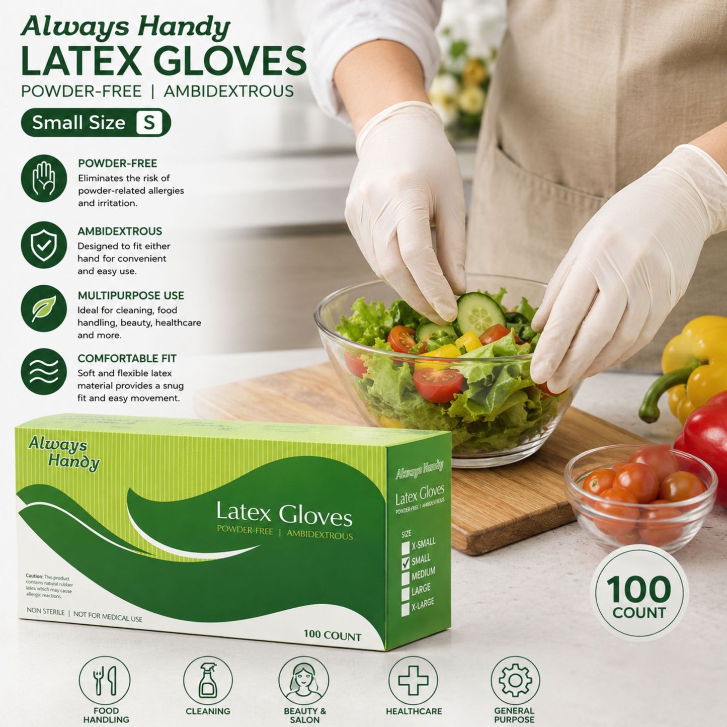 Small Always Handy Latex Disposable Gloves, Powder Free Ambidextrous Gloves for General Use