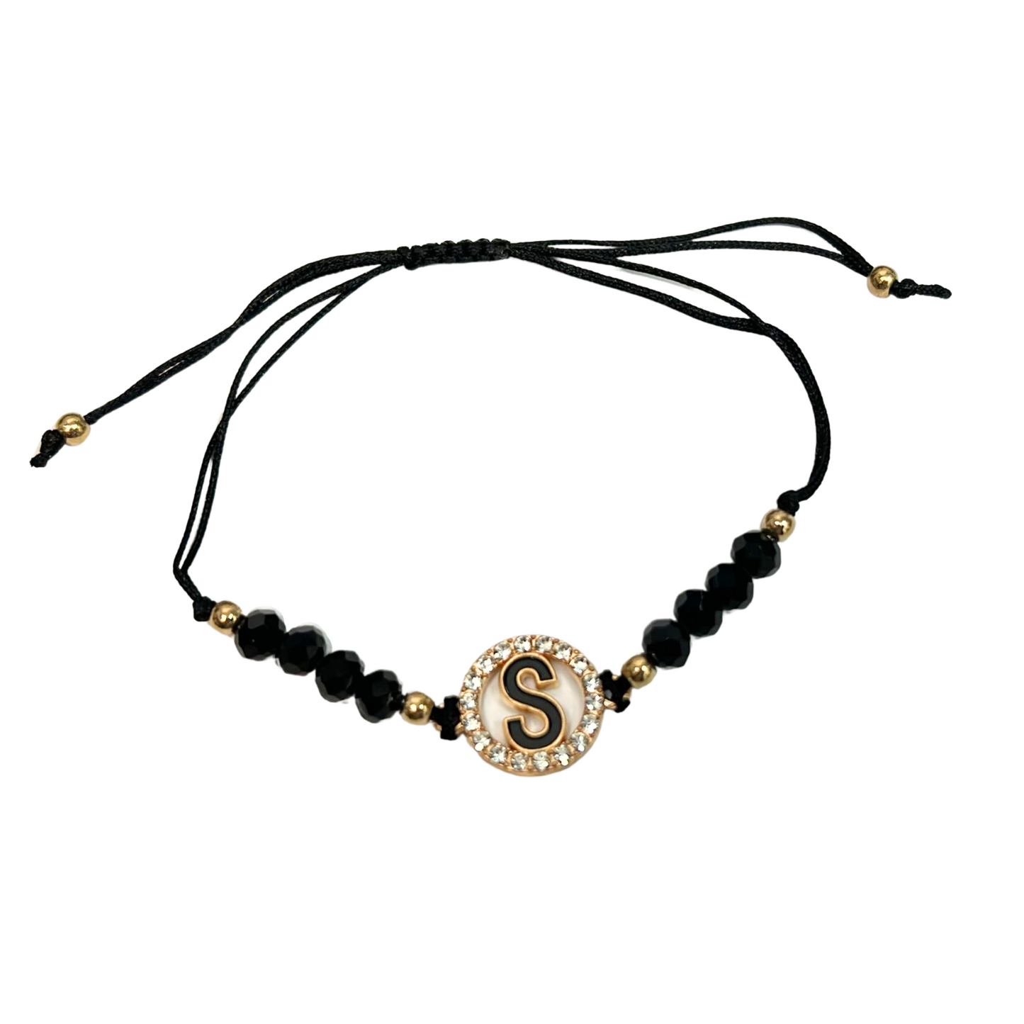 99¢- Beaded Black Bracelet with Gold Rhinestone Alphabet Letters – Unisex Adjustable Jewelry: 1CT