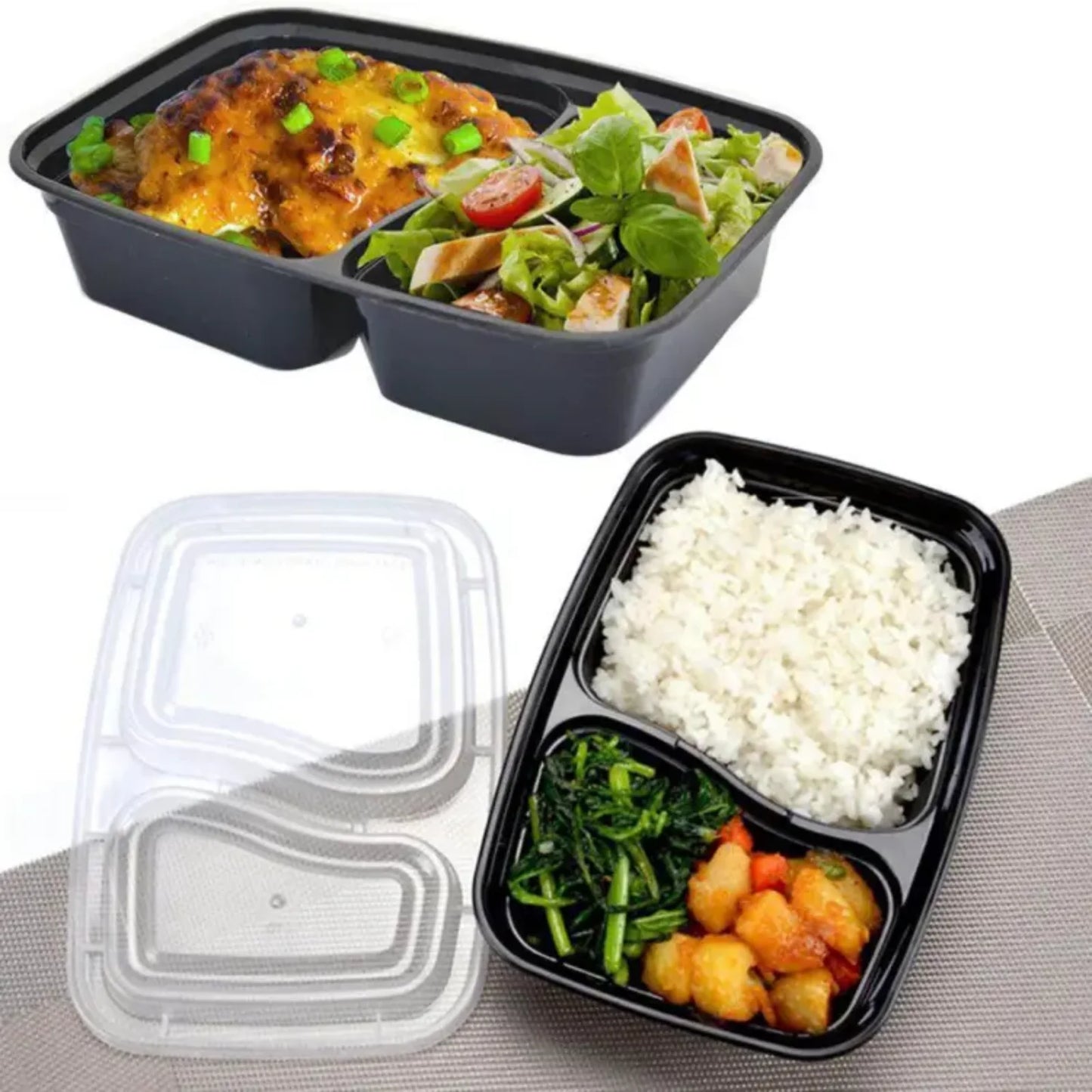 99¢-30oz Black Rectangular 2 Section MealPrep Containers With Clear Lids:2CT