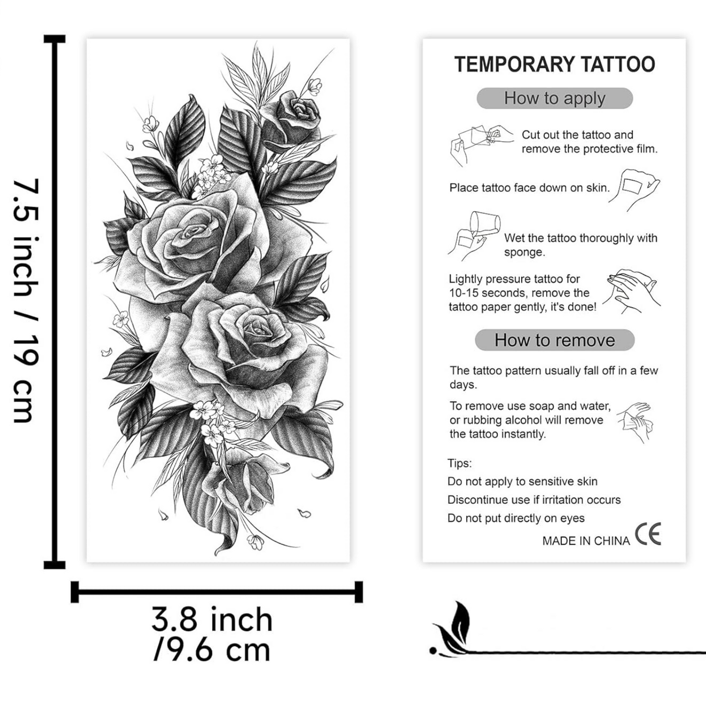 99¢- Temporary Tattoos for Women – Black Flower Rose Tattoo Stickers – Long-Lasting Semi-Permanent Body Art: 1CT