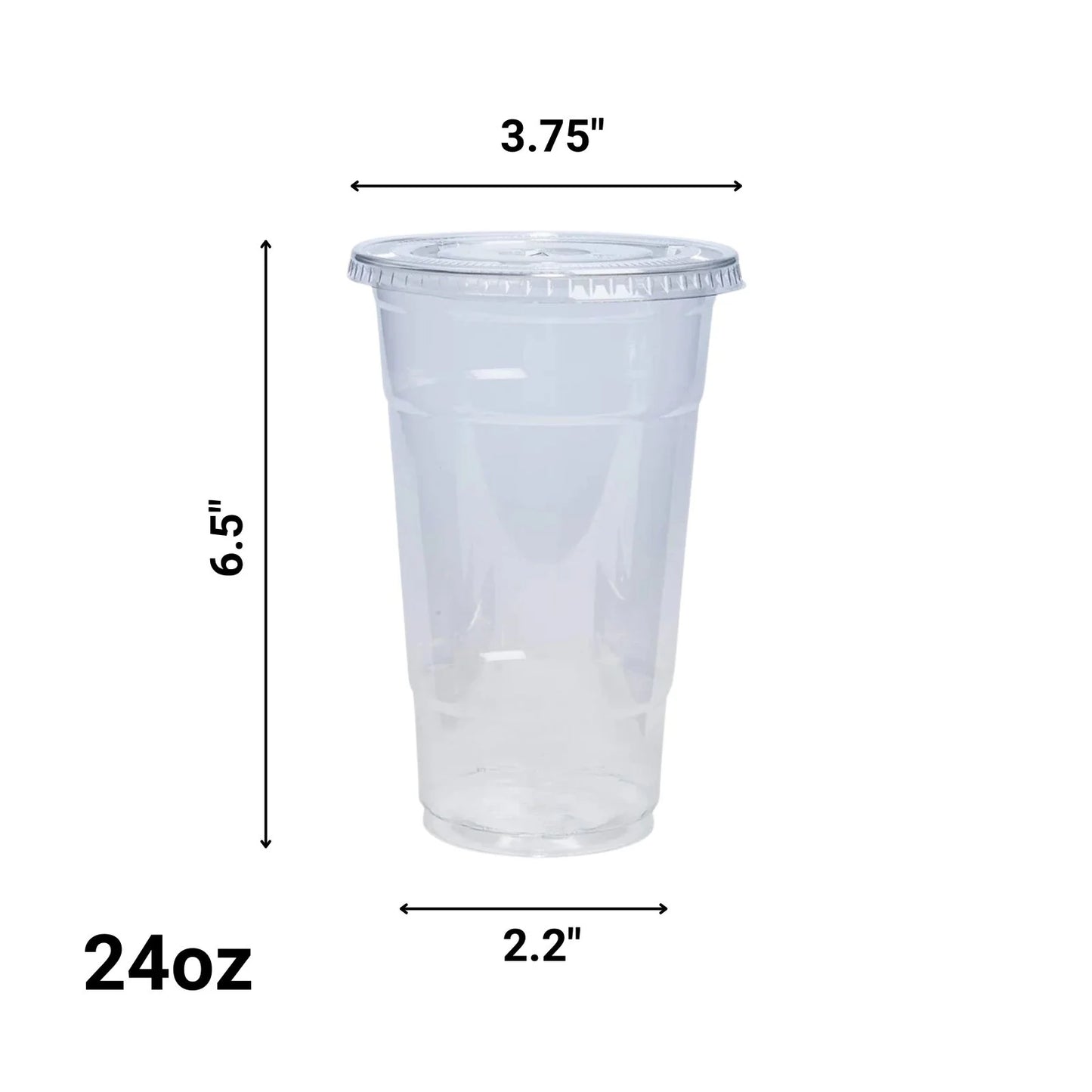 Clear plastic cup with dimensions labeled on a white background