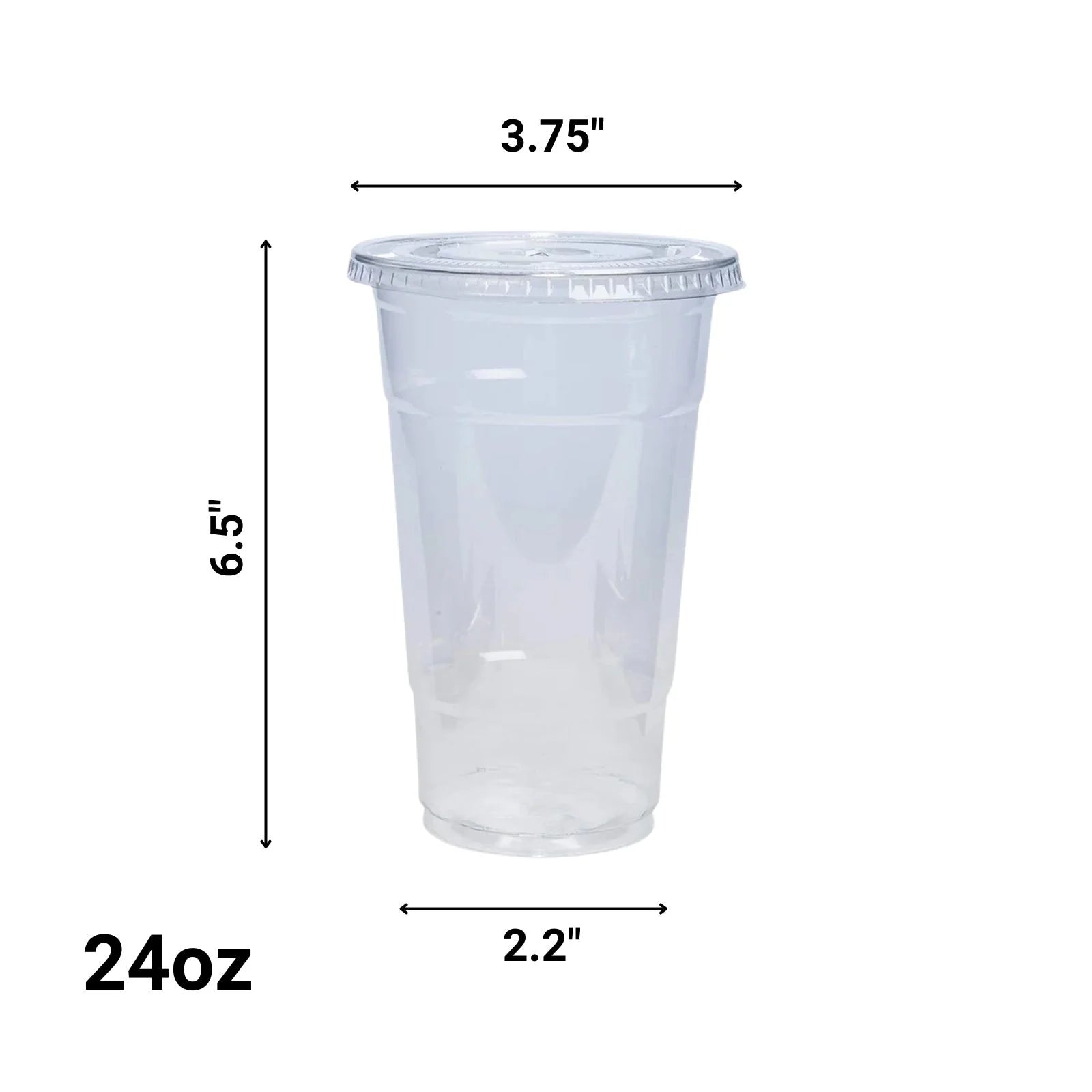 Clear plastic cup with dimensions labeled on a white background