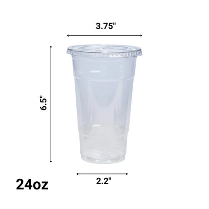 Clear plastic cup with dimensions labeled on a white background