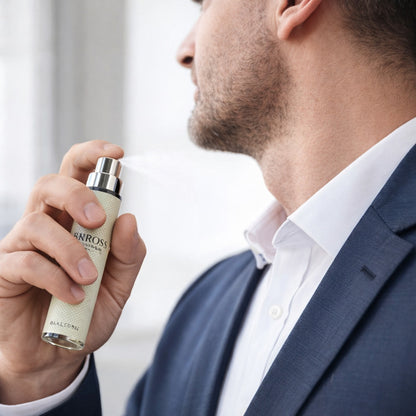 Man holding a perfume bottle labeled 'BENASSY' against a blurred indoor background