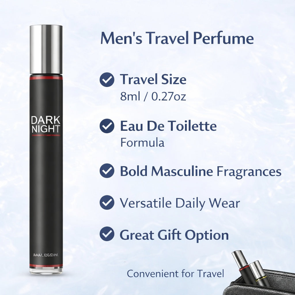Men's travel perfume bottle with product features on a light blue background