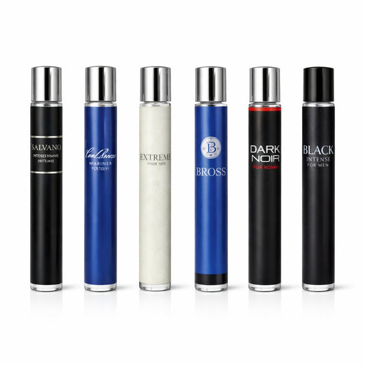 Set of men's perfume bottles with various labels on a white background