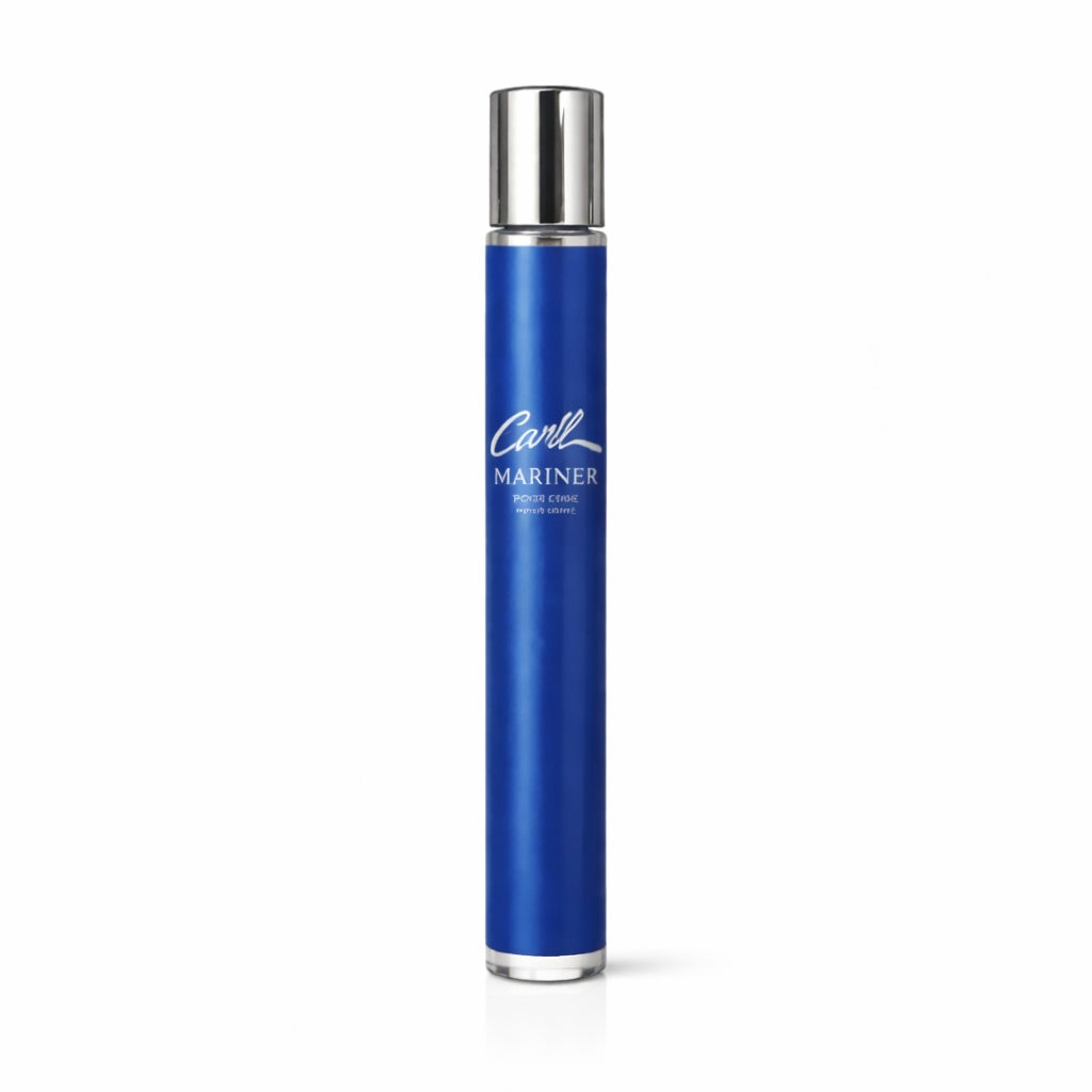 Blue cylindrical container with silver cap on a white background