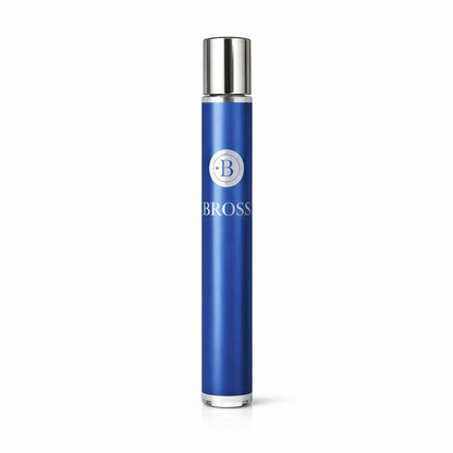 Blue cylindrical product with silver cap on a white background