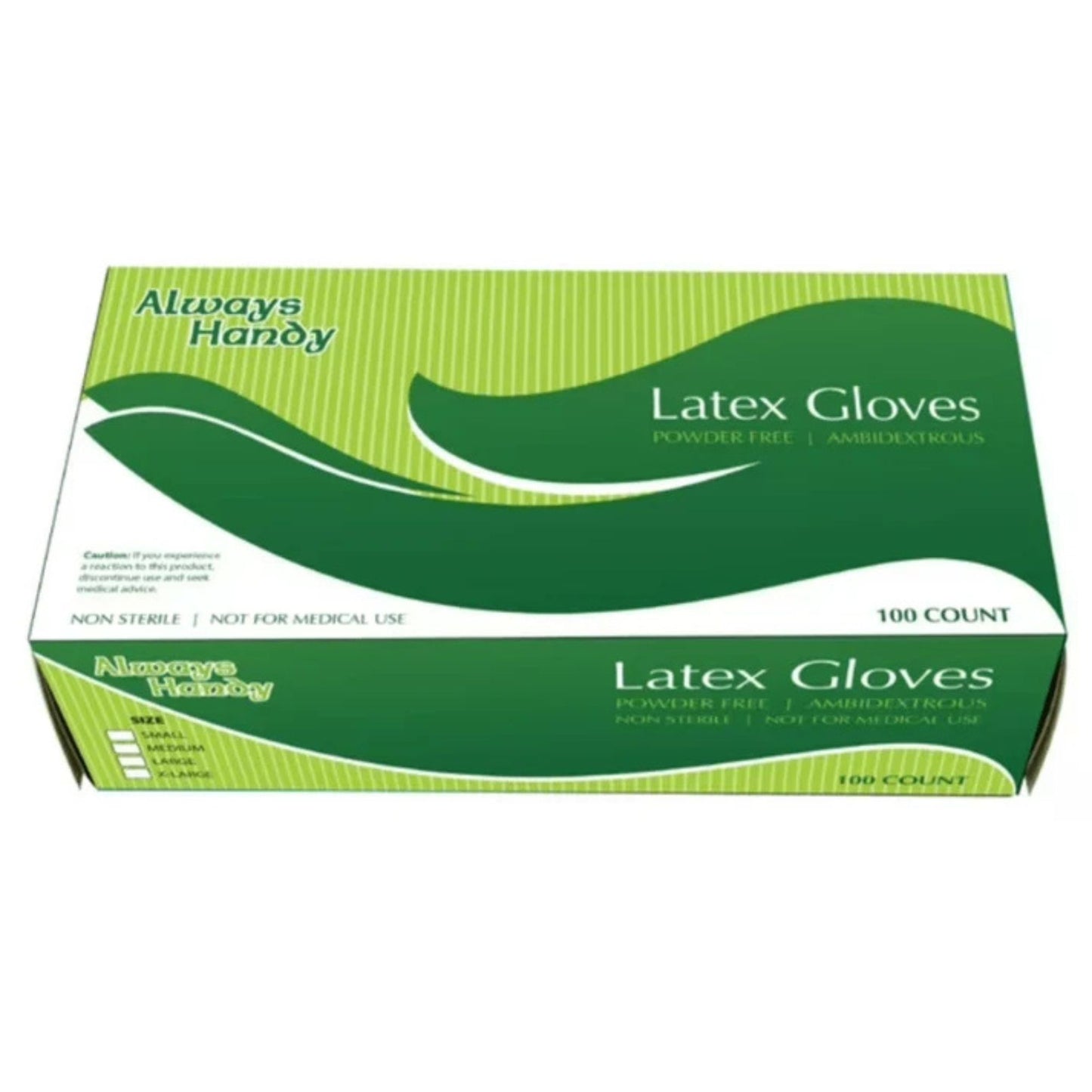 A box of Always Handy Latex Gloves, 100 count, featuring a green and light green design with white text.