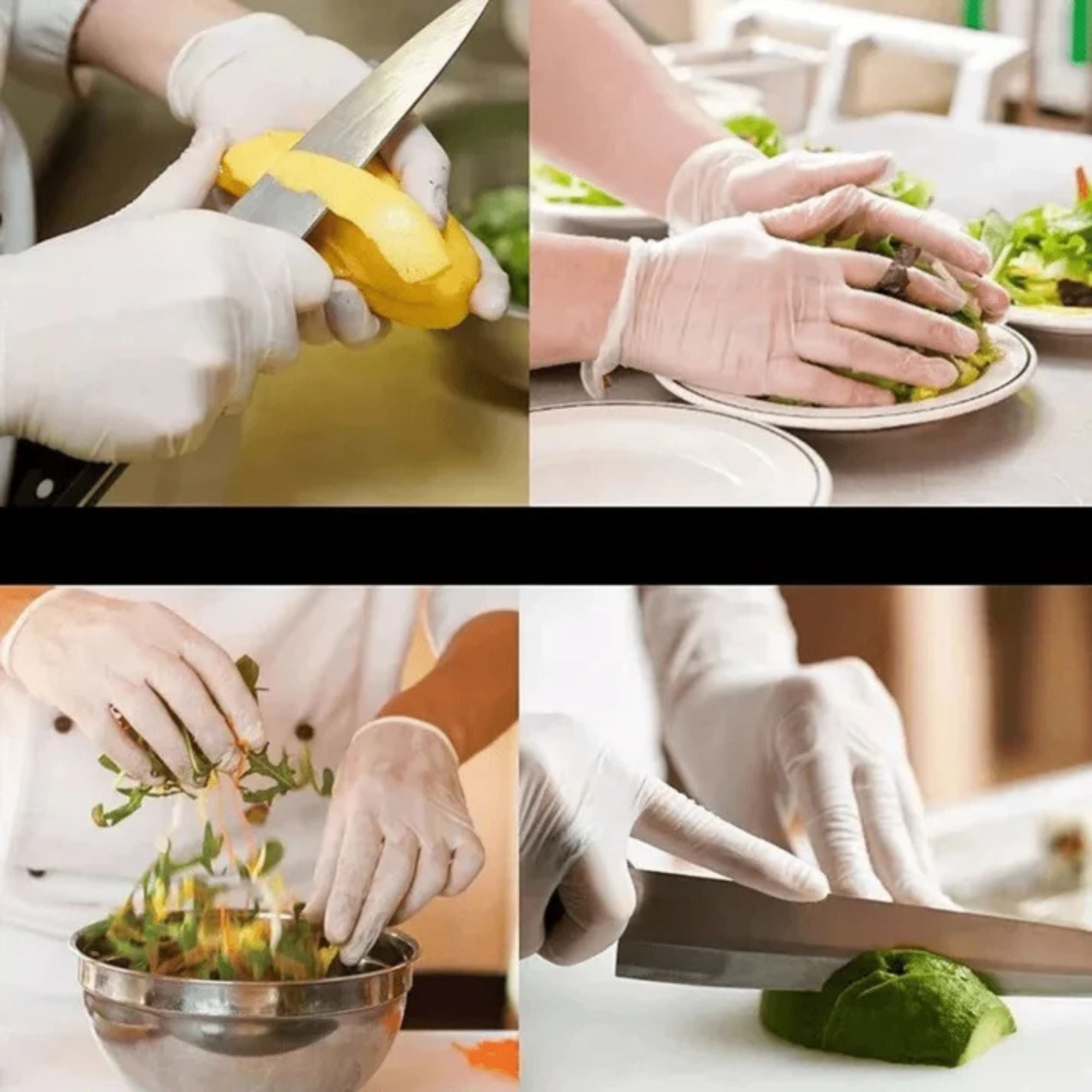 Collage of hands wearing gloves preparing food with various kitchen tools.