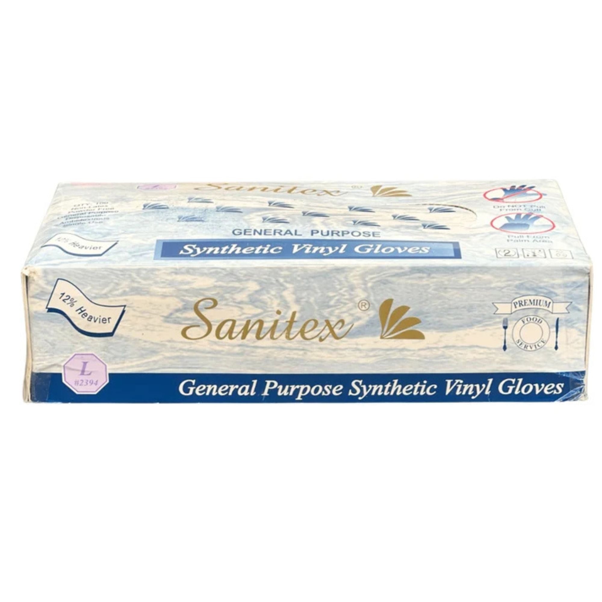 Box of Sanitex synthetic vinyl gloves on a white background