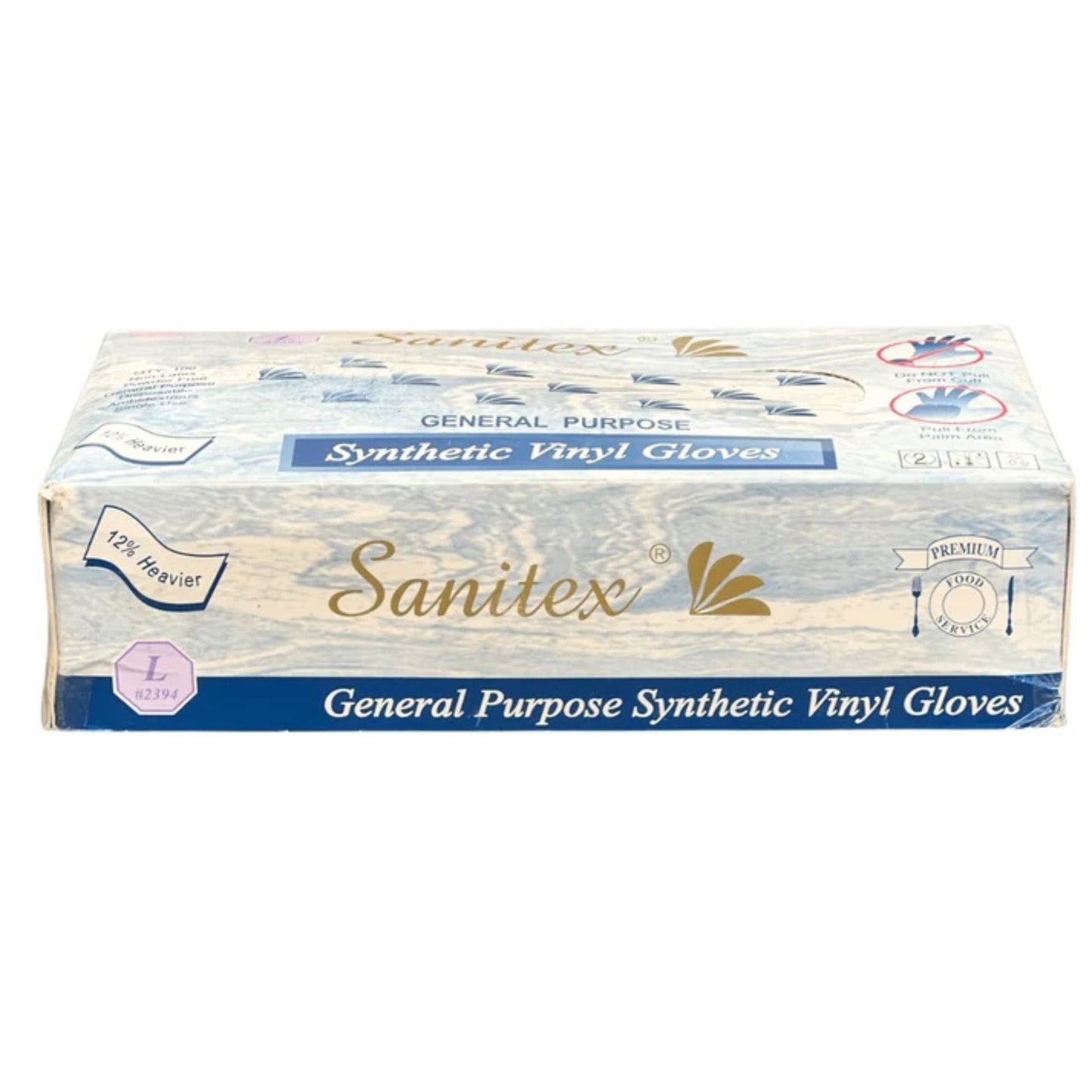 Box of Sanitex synthetic vinyl gloves on a white background