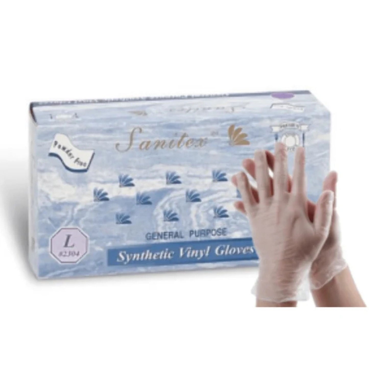 A box of Sanitex synthetic vinyl gloves in size L, shown next to a hand wearing a clear disposable glove against a white background.