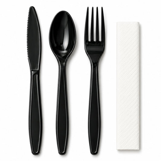 4 Piece Heavy Weight Black Plastic Cutlery Set
