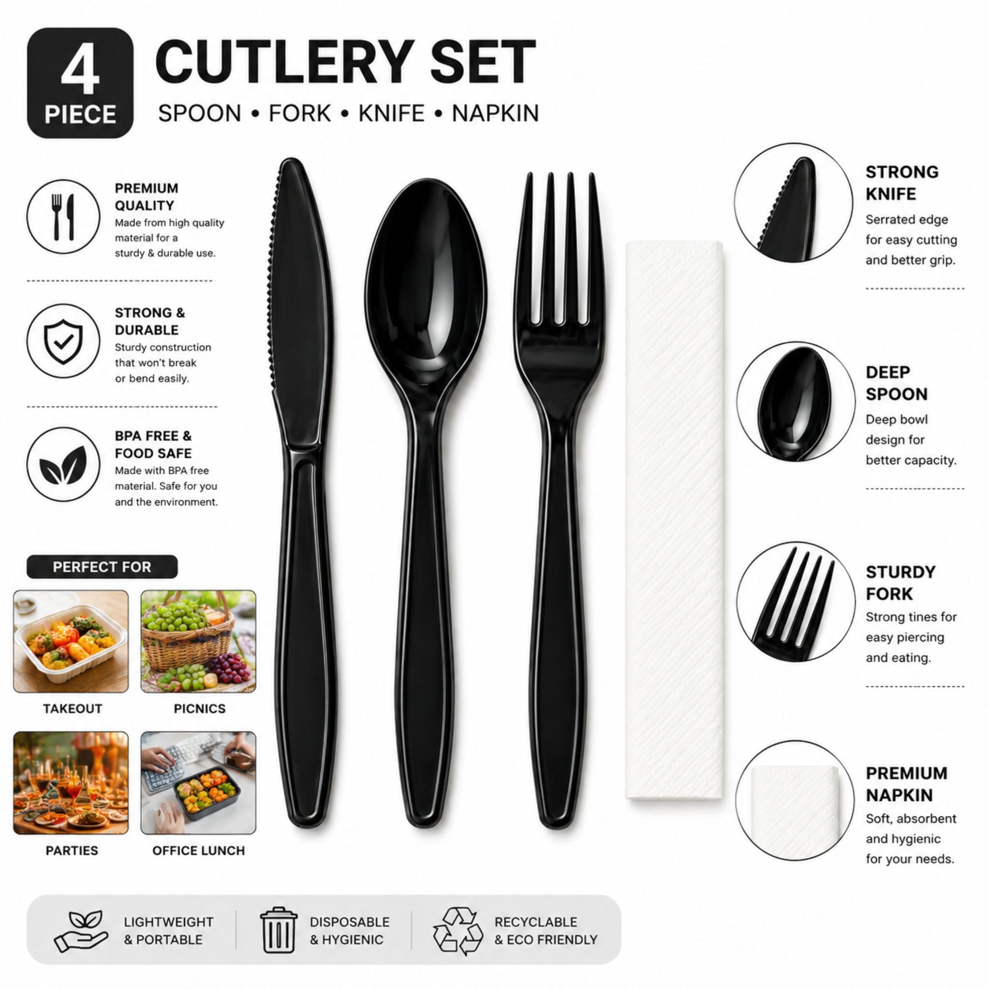 4 Piece Black Plastic Cutlery Set Heavy Duty