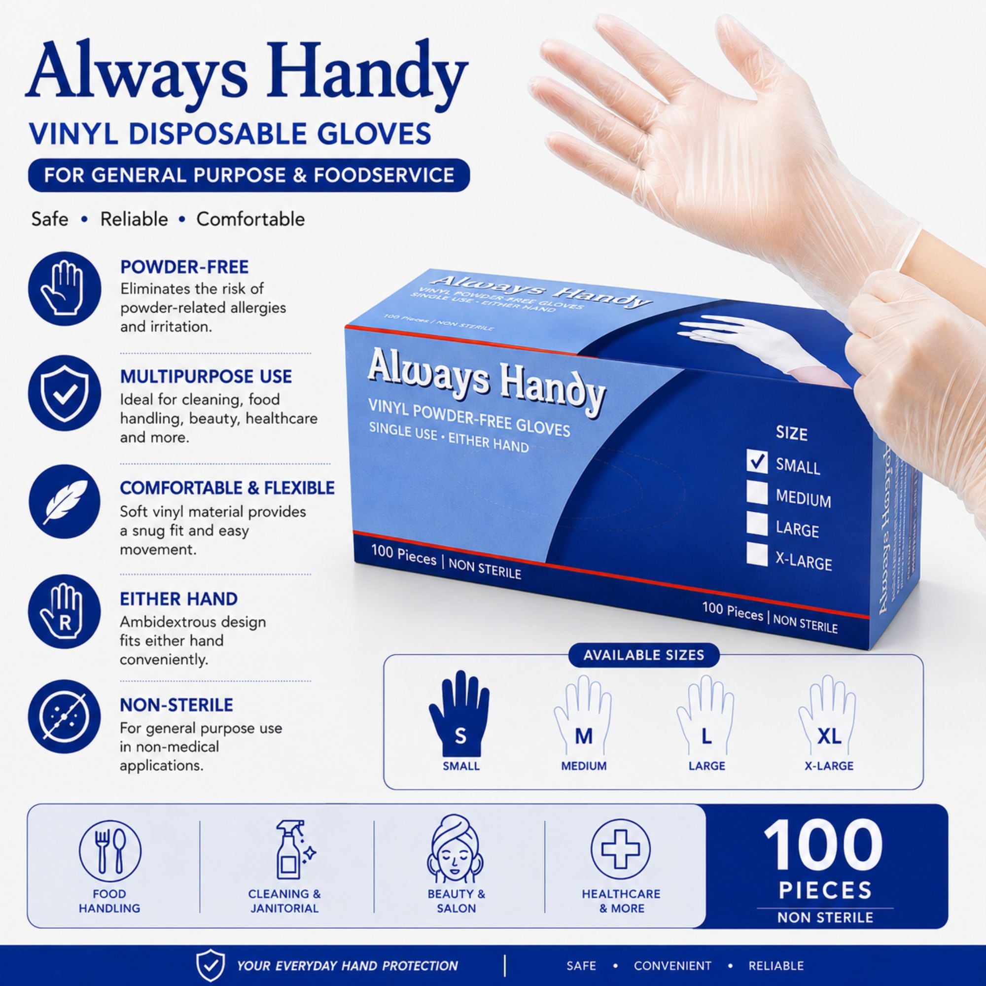 A box of Always Handy vinyl disposable gloves shown on a white background with a hand wearing a transparent glove and marketing text highlighting features, sizes, and quantity.