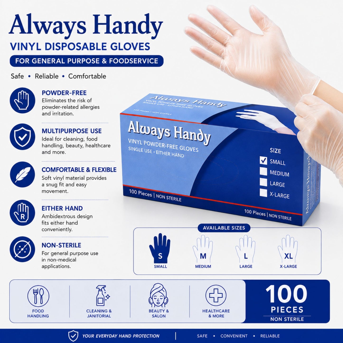 A box of Always Handy vinyl disposable gloves shown on a white background with a hand wearing a transparent glove and marketing text highlighting features, sizes, and quantity.