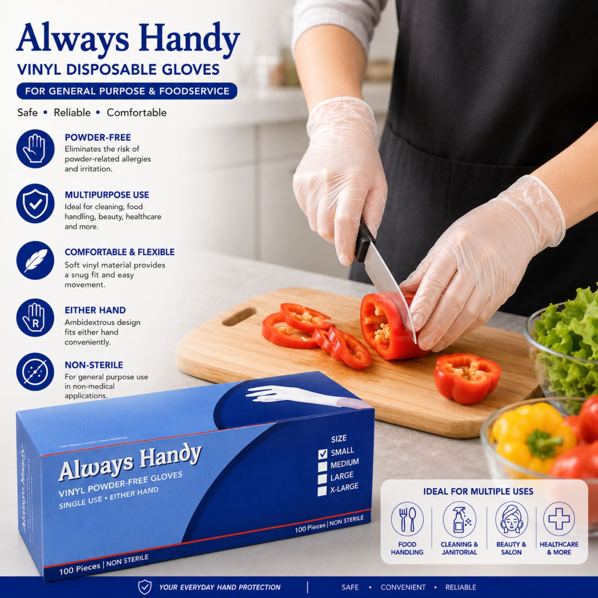 Always Handy vinyl disposable gloves packaging box shown in front of a lifestyle scene of a person wearing white gloves while slicing red tomatoes on a wooden cutting board.