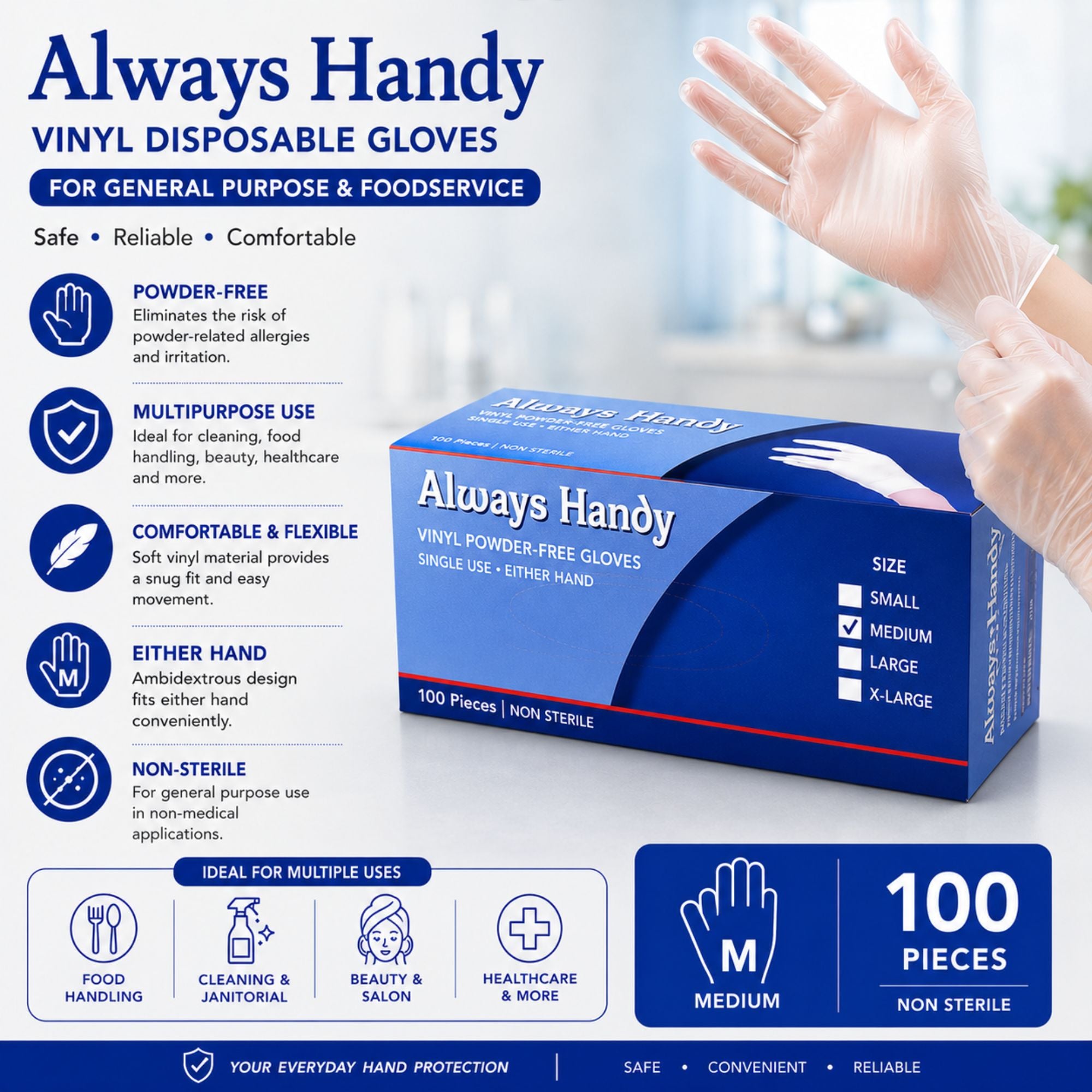 A box of Always Handy vinyl disposable gloves shown on a promotional infographic background with a hand wearing a glove and feature callouts for powder-free, multipurpose use, comfortable flexibility, and single-use non-sterile design.