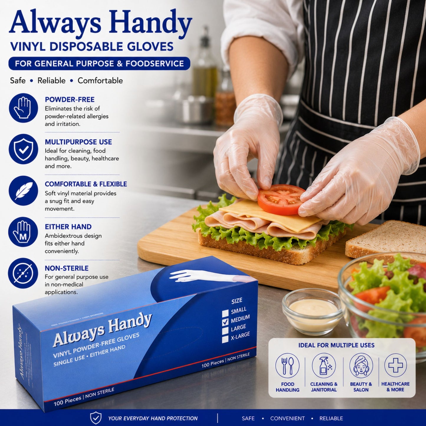 Always Handy disposable vinyl gloves shown in a promotional graphic with a person wearing them while making a sandwich, plus product packaging, feature callouts, and usage icons.