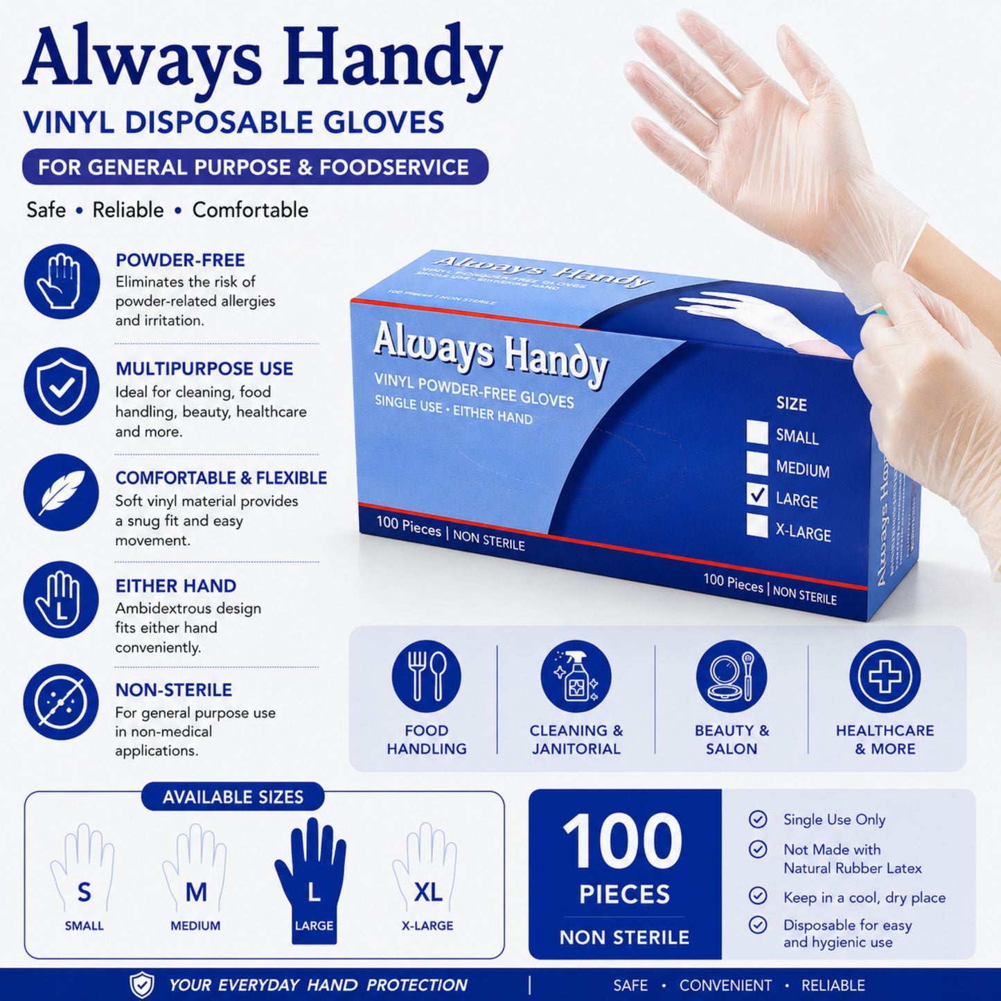 A promotional graphic for Always Handy vinyl disposable gloves, showing a hand wearing a glove, a box of 100 non-sterile powder-free gloves, and multiple feature icons on a white background.