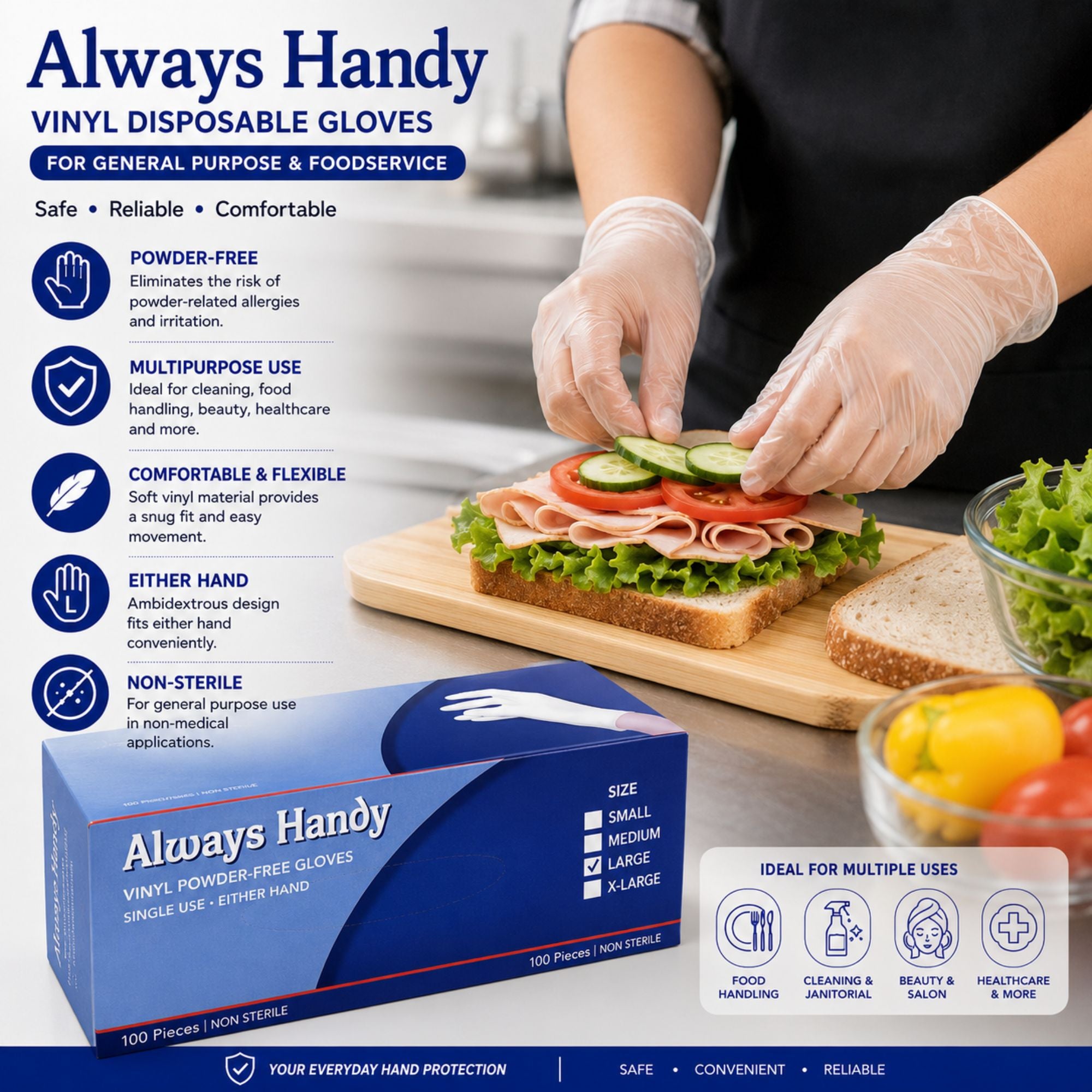 Always Handy vinyl disposable gloves packaging box shown alongside a lifestyle photo of hands wearing clear gloves while preparing a sandwich. The image includes feature callouts and usage icons on a white background.