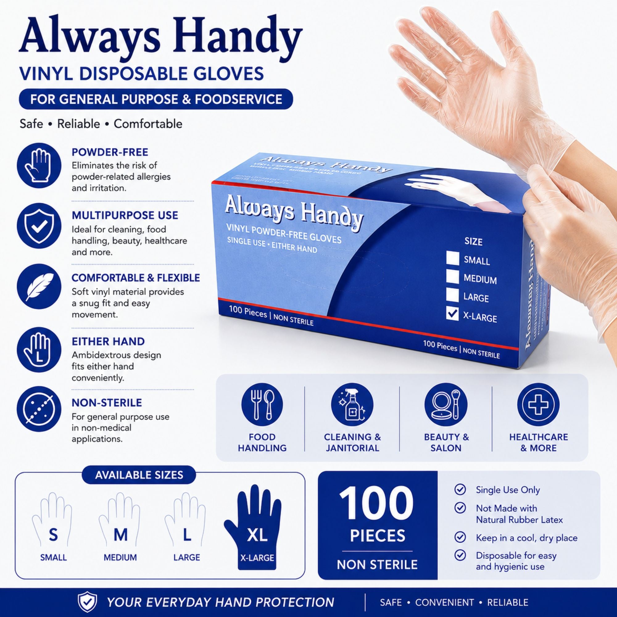 A box of Always Handy vinyl disposable gloves shown on a white infographic background with illustrated and real hands, size icons, and feature callouts for general purpose and foodservice use.