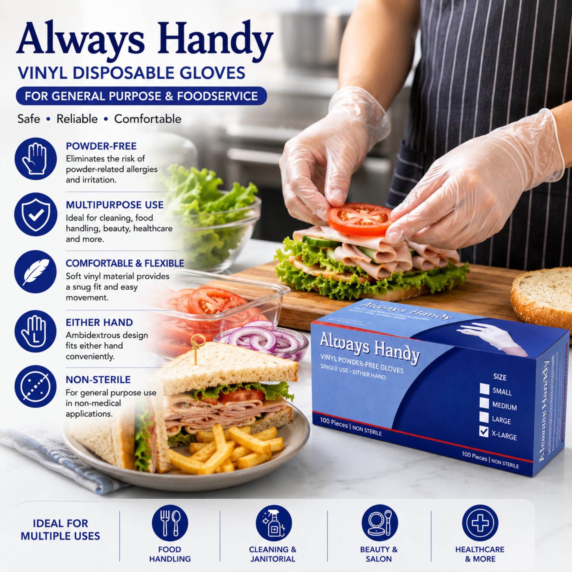 Always Handy vinyl disposable gloves shown on a person preparing a sandwich, with the product packaging box displayed in the foreground and marketing text and icons explaining use and benefits.