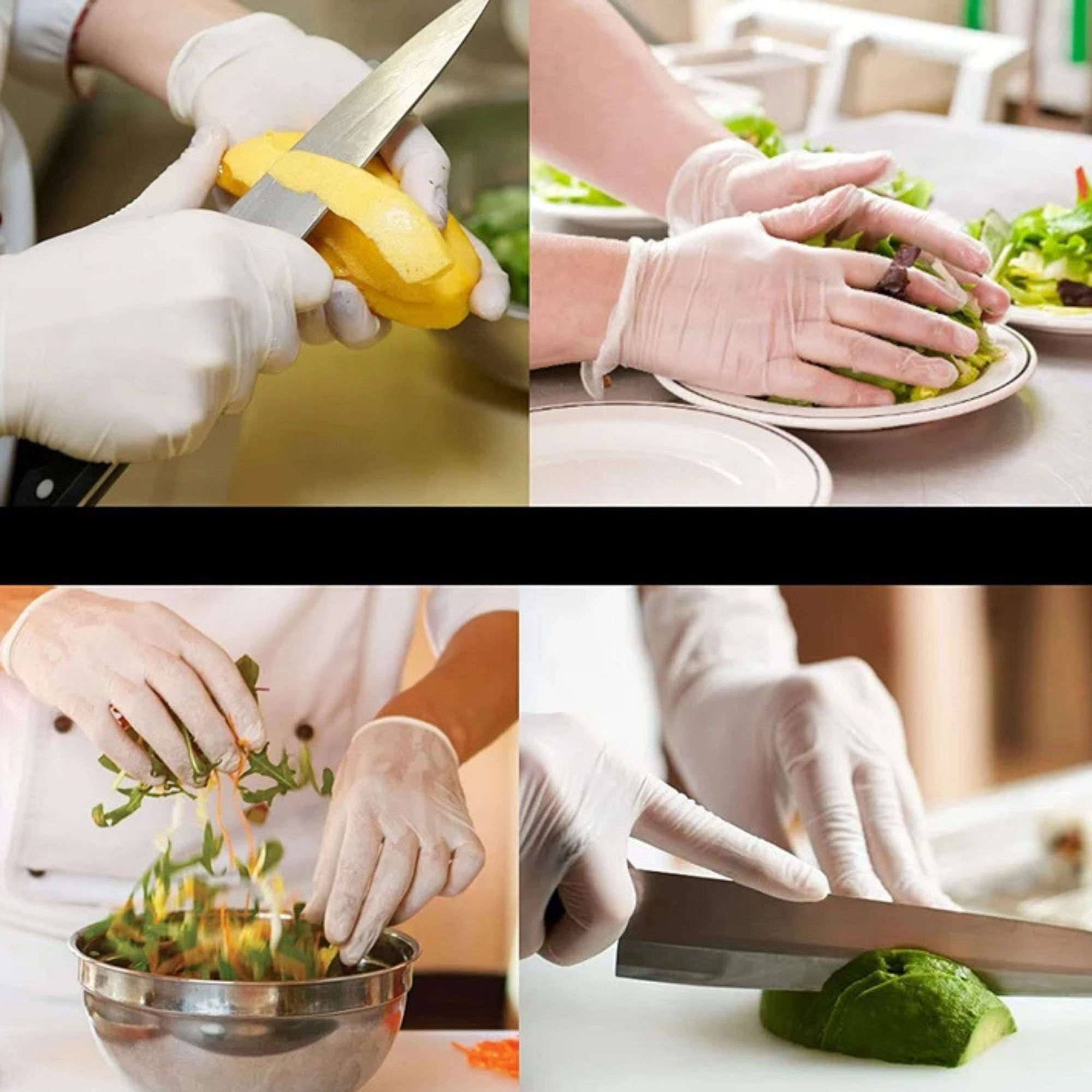 A four-panel collage showing hands wearing white disposable gloves while preparing food, including peeling a yellow fruit, pressing greens onto a plate, tossing greens in a bowl, and slicing a green vegetable with a knife on a cutting board.