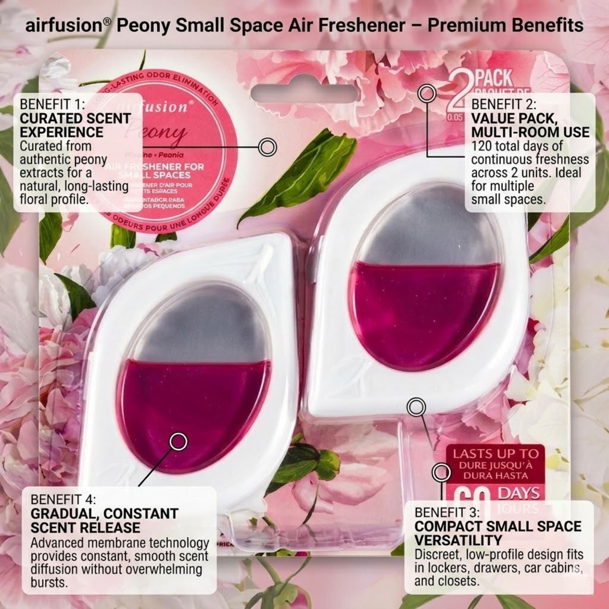 7.5ml Air Fusion Peony Air Freshener 2 Pack Long Lasting Scent Air Freshioner size and feature image
