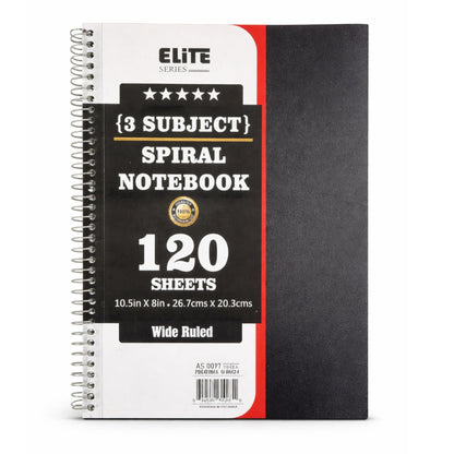 Elite Series 3-Subject Spiral Notebook 120 Sheets Wide Ruled