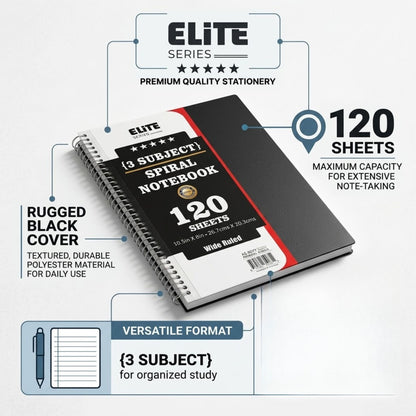 120 Sheets Wide Ruled Elite Series 3 Subject Spiral Notebook